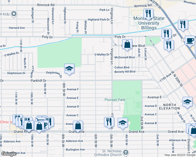 map of restaurants, bars, coffee shops, grocery stores, and more near 539 Parkhill Drive in Billings