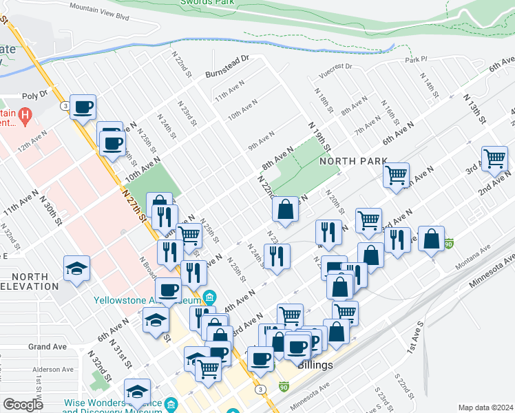 map of restaurants, bars, coffee shops, grocery stores, and more near 623 North 23rd Street in Billings