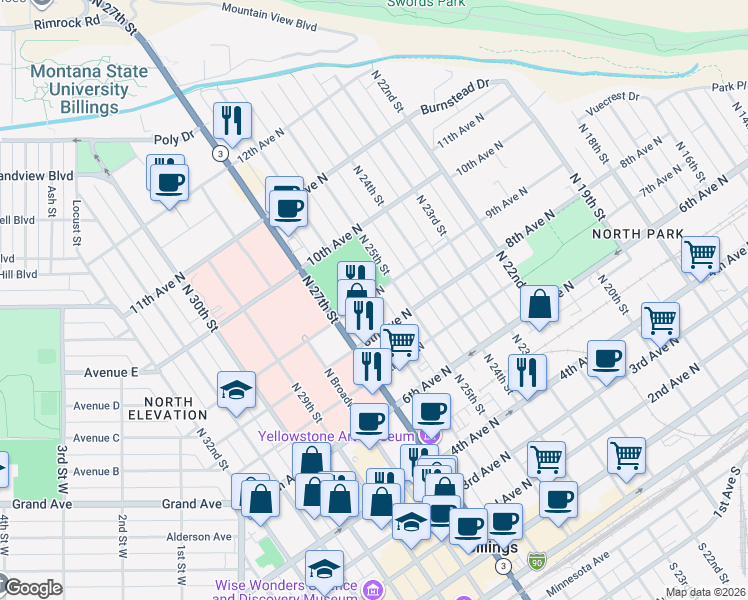 map of restaurants, bars, coffee shops, grocery stores, and more near 2556 9th Avenue North in Billings