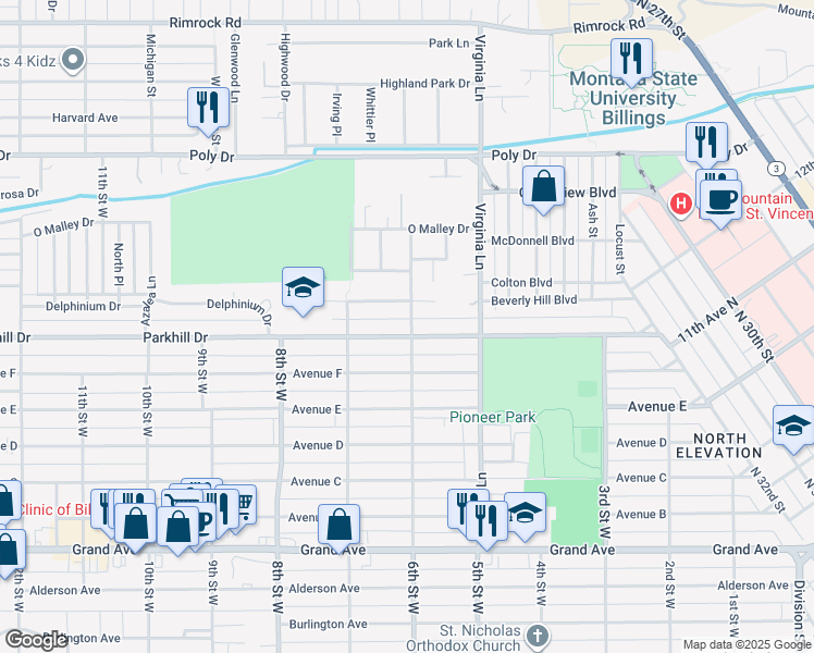 map of restaurants, bars, coffee shops, grocery stores, and more near 608 Beverly Hill Boulevard in Billings