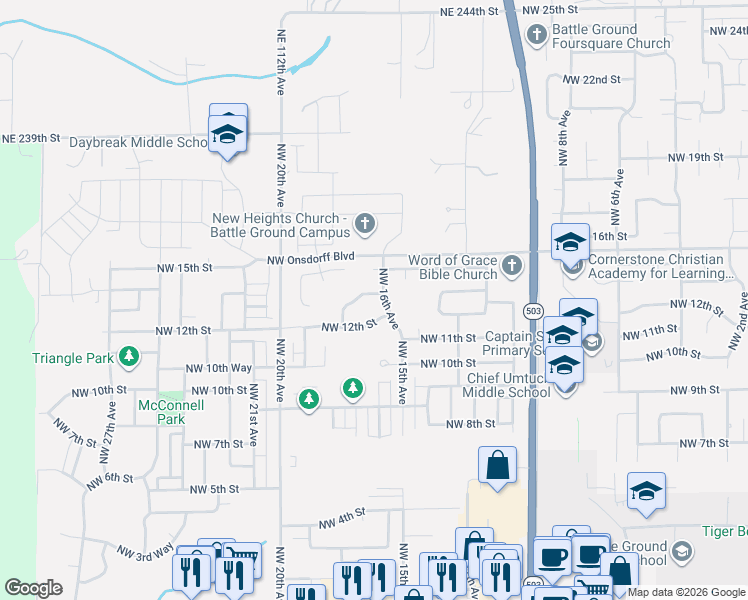 map of restaurants, bars, coffee shops, grocery stores, and more near 1603 Northwest 13th Street in Battle Ground