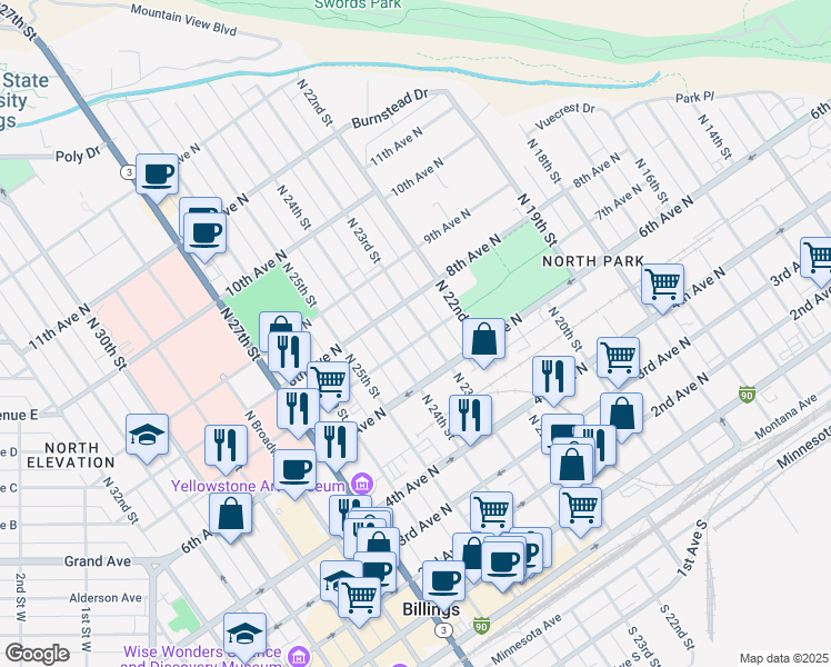 map of restaurants, bars, coffee shops, grocery stores, and more near 702 North 23rd Street in Billings