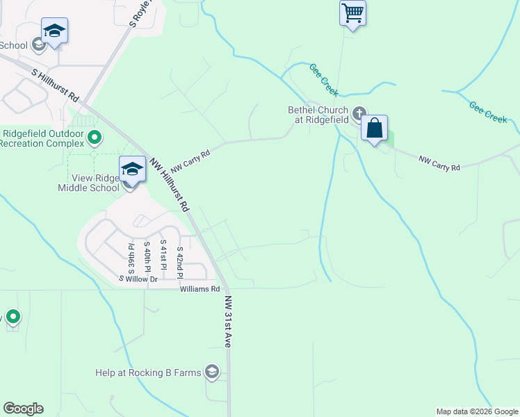 map of restaurants, bars, coffee shops, grocery stores, and more near Northwest 36th Court in Ridgefield