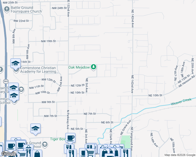 map of restaurants, bars, coffee shops, grocery stores, and more near 401 Northeast 13th Street in Battle Ground