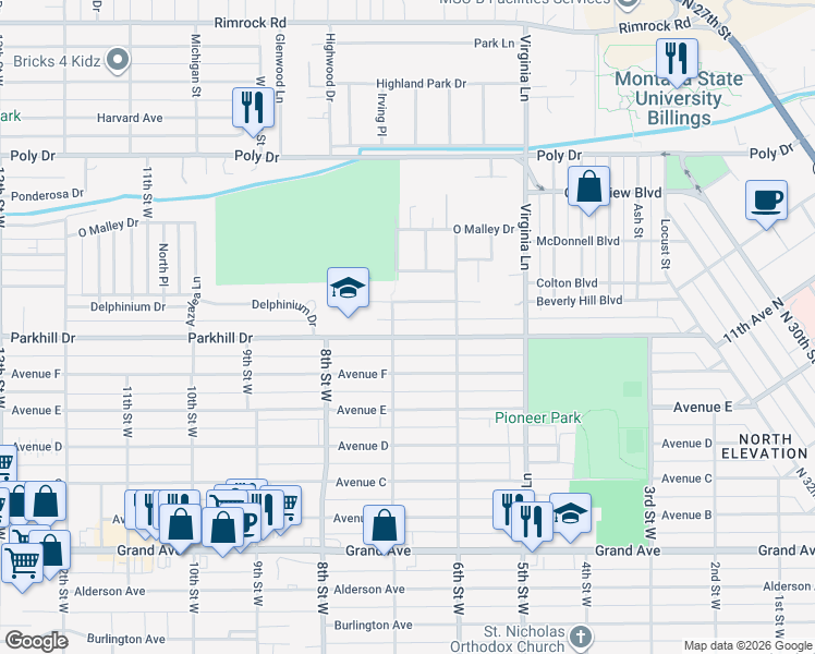 map of restaurants, bars, coffee shops, grocery stores, and more near 640 Beverly Hill Boulevard in Billings