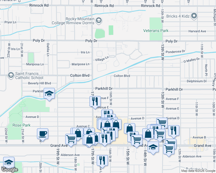 map of restaurants, bars, coffee shops, grocery stores, and more near 2010 16th St W in Billings