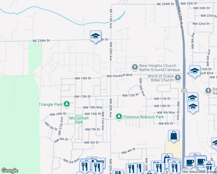 map of restaurants, bars, coffee shops, grocery stores, and more near 1308 Northwest 20th Avenue in Battle Ground