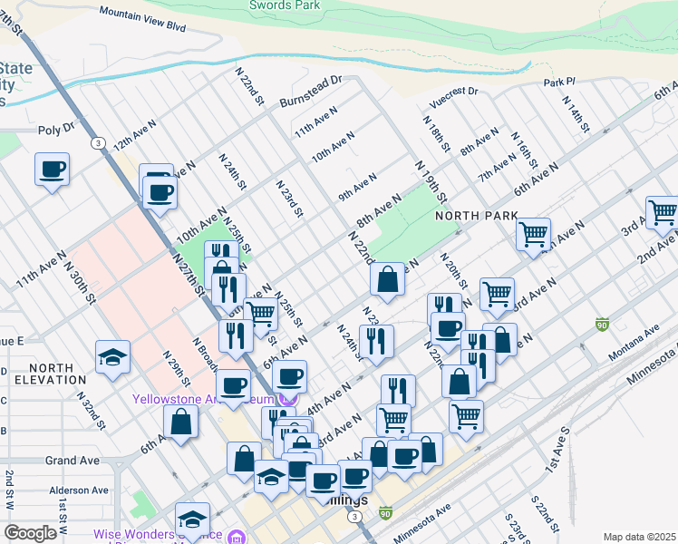 map of restaurants, bars, coffee shops, grocery stores, and more near 702 North 23rd Street in Billings