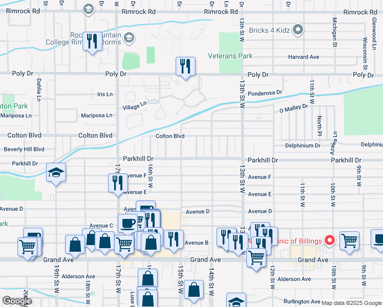 map of restaurants, bars, coffee shops, grocery stores, and more near 2011 15th Street West in Billings
