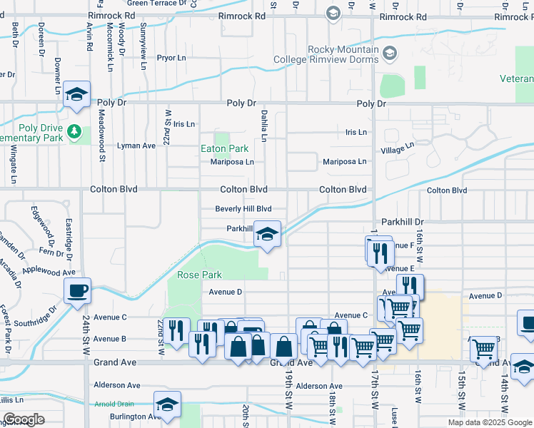 map of restaurants, bars, coffee shops, grocery stores, and more near 1926 Beverly Hill Blvd in Billings