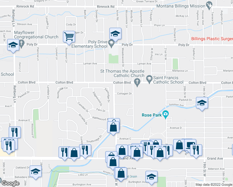 map of restaurants, bars, coffee shops, grocery stores, and more near 2386 Cohagen Drive in Billings