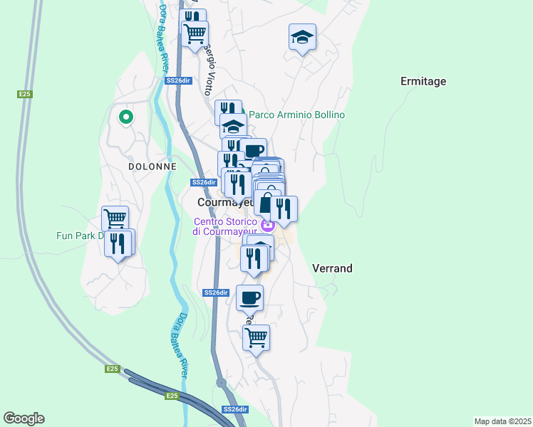 map of restaurants, bars, coffee shops, grocery stores, and more near 5 Via Mario Puchoz in Courmayeur