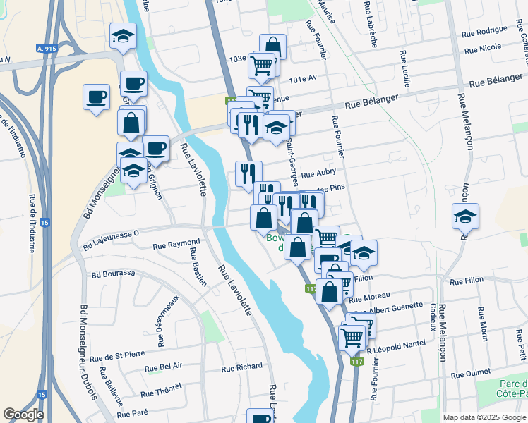 map of restaurants, bars, coffee shops, grocery stores, and more near in Saint-Jérôme
