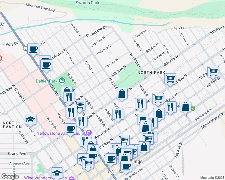map of restaurants, bars, coffee shops, grocery stores, and more near 2212 7th Avenue North in Billings