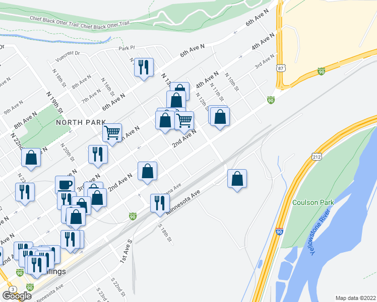 map of restaurants, bars, coffee shops, grocery stores, and more near 1403 1st Ave N in Billings