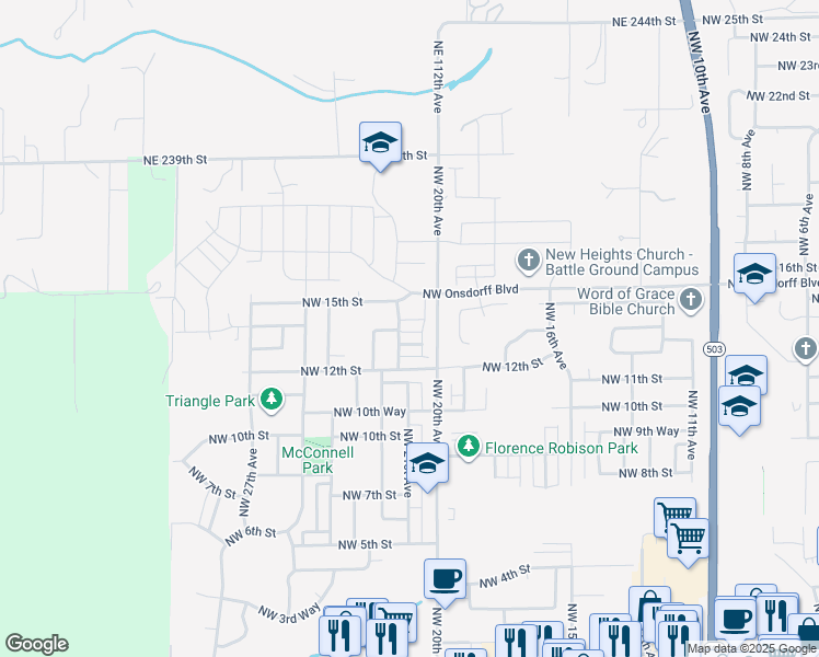 map of restaurants, bars, coffee shops, grocery stores, and more near 1308 Northwest 20th Avenue in Battle Ground