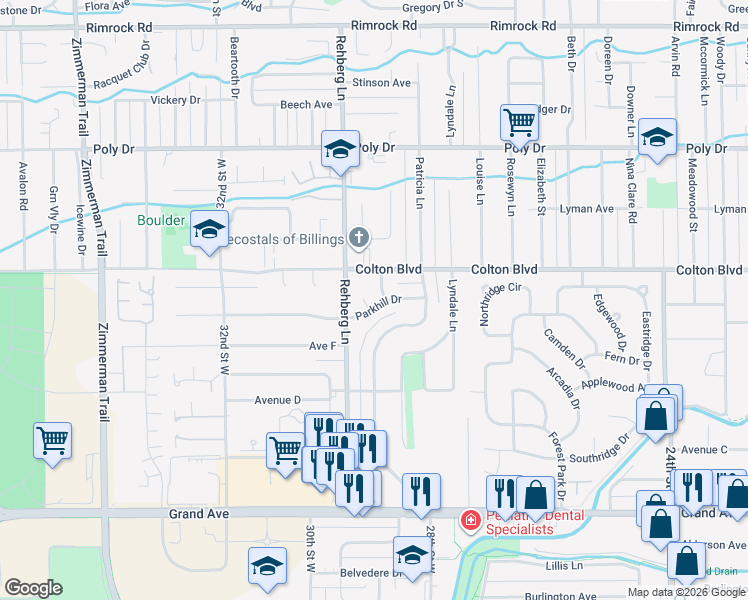 map of restaurants, bars, coffee shops, grocery stores, and more near 2001 Ronda Cir in Billings