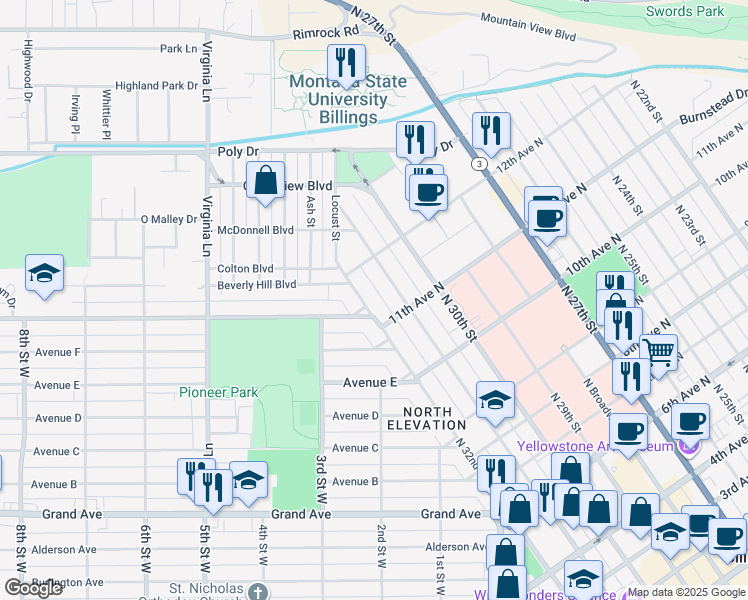map of restaurants, bars, coffee shops, grocery stores, and more near 1121 North 32nd Street in Billings