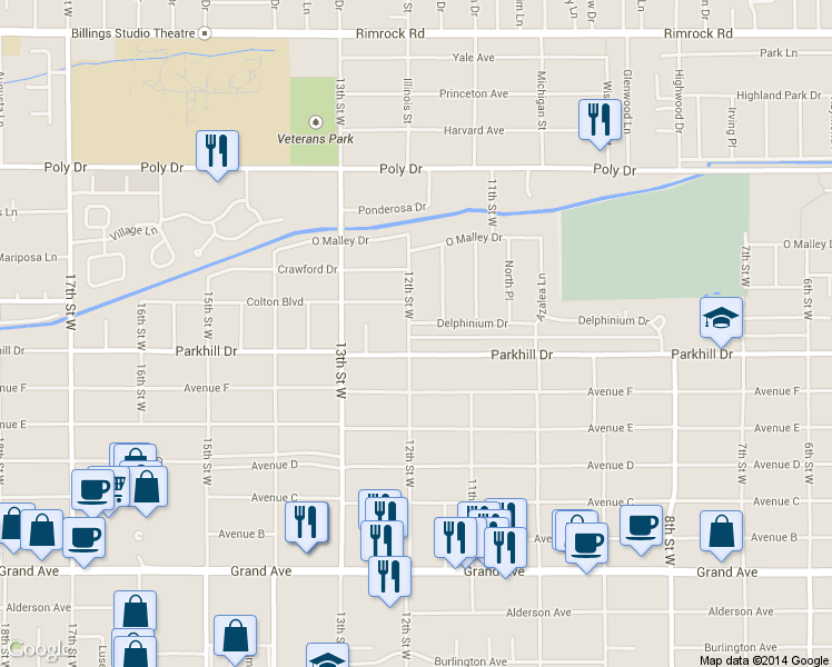 map of restaurants, bars, coffee shops, grocery stores, and more near 1146 Delphinium Drive in Billings