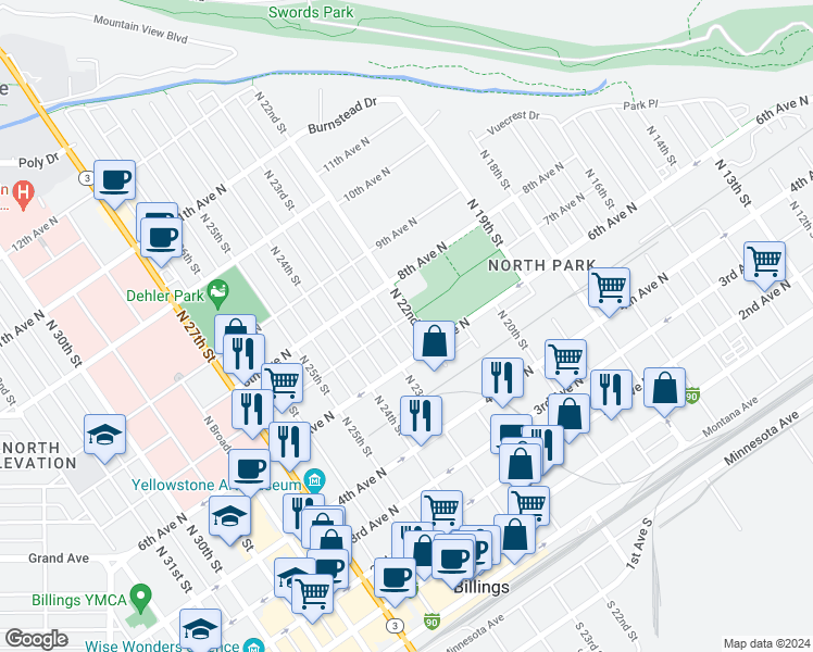 map of restaurants, bars, coffee shops, grocery stores, and more near 626 North 22nd Street in Billings