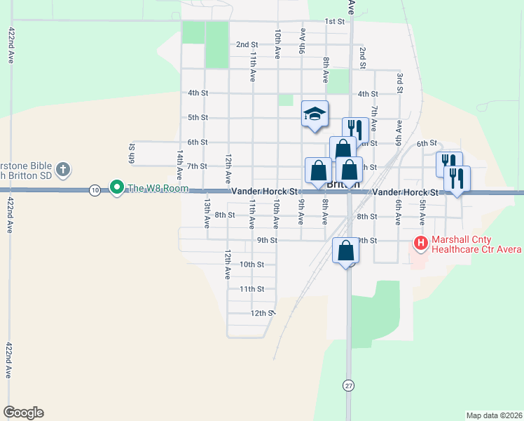 map of restaurants, bars, coffee shops, grocery stores, and more near 752 11th Avenue in Britton