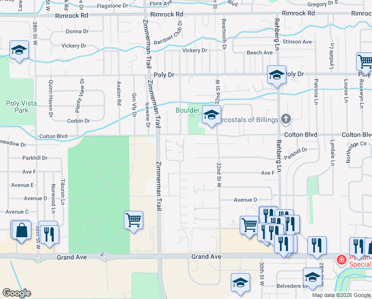 map of restaurants, bars, coffee shops, grocery stores, and more near 2035 Wyndham Park Drive in Billings
