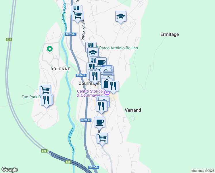 map of restaurants, bars, coffee shops, grocery stores, and more near 5 Via Mario Puchoz in Courmayeur