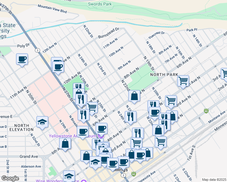 map of restaurants, bars, coffee shops, grocery stores, and more near 716 North 23rd Street in Billings