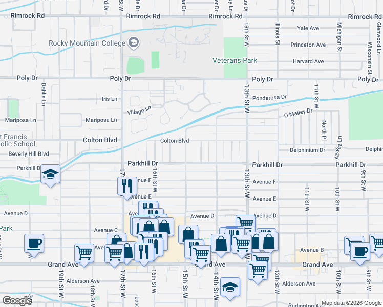 map of restaurants, bars, coffee shops, grocery stores, and more near 2011 15th Street West in Billings