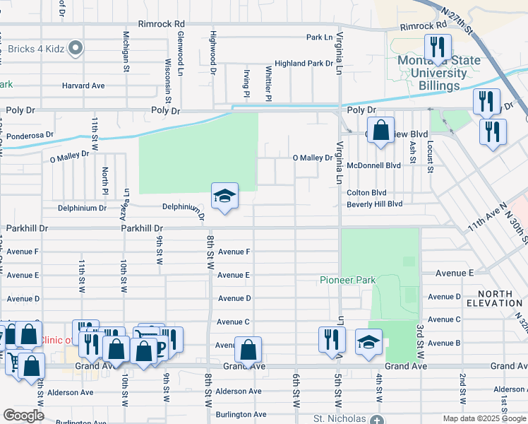 map of restaurants, bars, coffee shops, grocery stores, and more near 640 Beverly Hill Boulevard in Billings