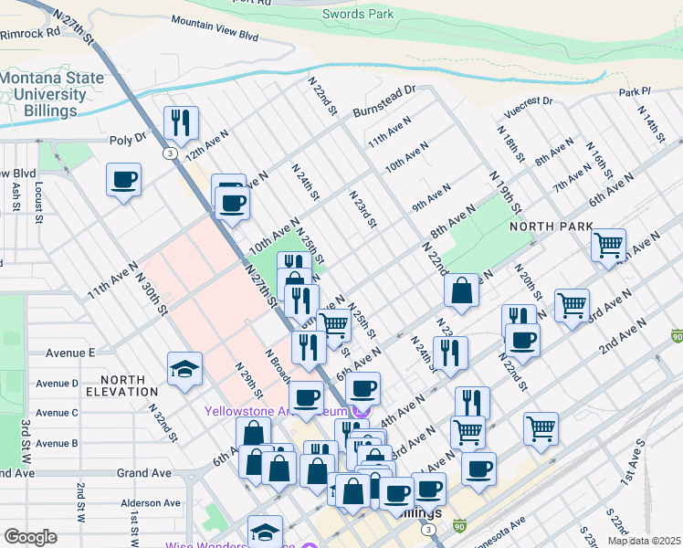 map of restaurants, bars, coffee shops, grocery stores, and more near 817 North 25th Street in Billings