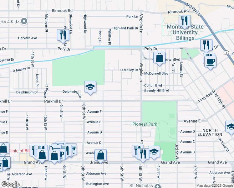 map of restaurants, bars, coffee shops, grocery stores, and more near 608 Beverly Hill Blvd in Billings