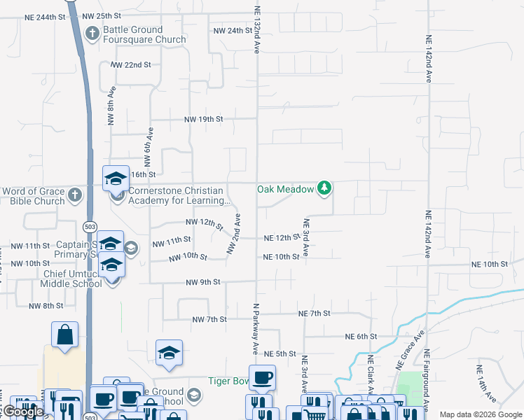 map of restaurants, bars, coffee shops, grocery stores, and more near 101 Northeast 14th Street in Battle Ground