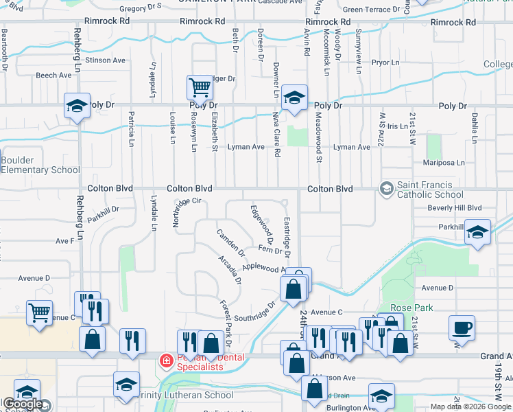 map of restaurants, bars, coffee shops, grocery stores, and more near 2053 Edgewood Drive in Billings