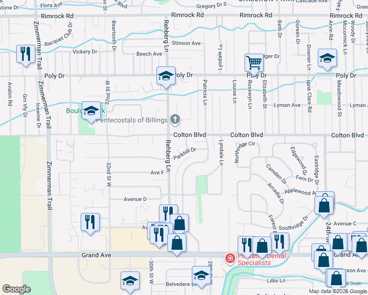 map of restaurants, bars, coffee shops, grocery stores, and more near 2001 Ronda Circle in Billings
