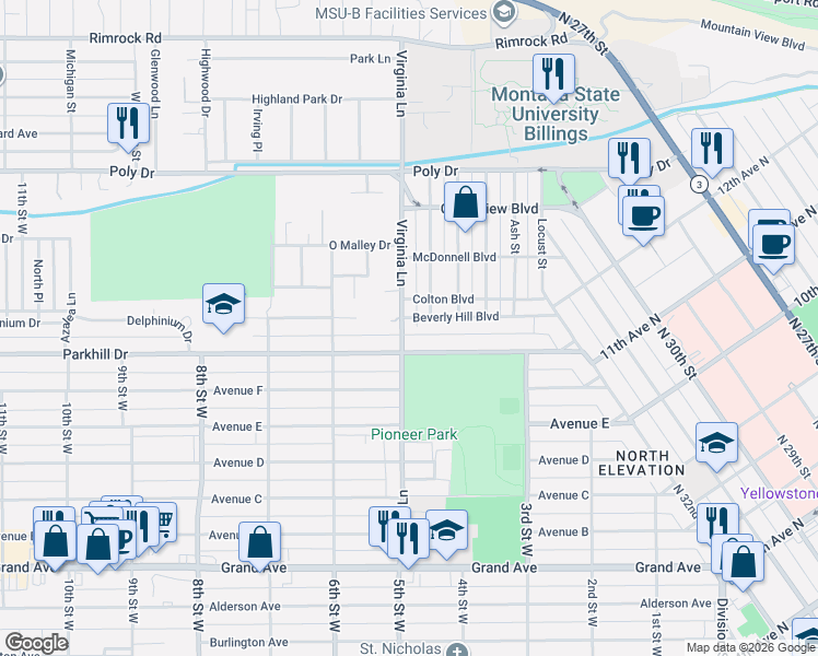 map of restaurants, bars, coffee shops, grocery stores, and more near 2019 Virginia Lane in Billings