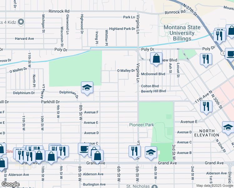 map of restaurants, bars, coffee shops, grocery stores, and more near 608 Beverly Hill Boulevard in Billings