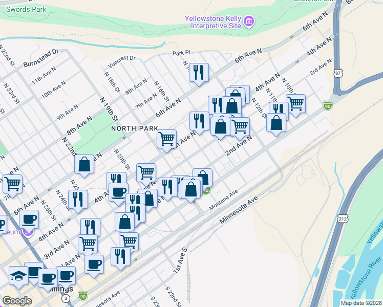 map of restaurants, bars, coffee shops, grocery stores, and more near 1613 3rd Avenue North in Billings