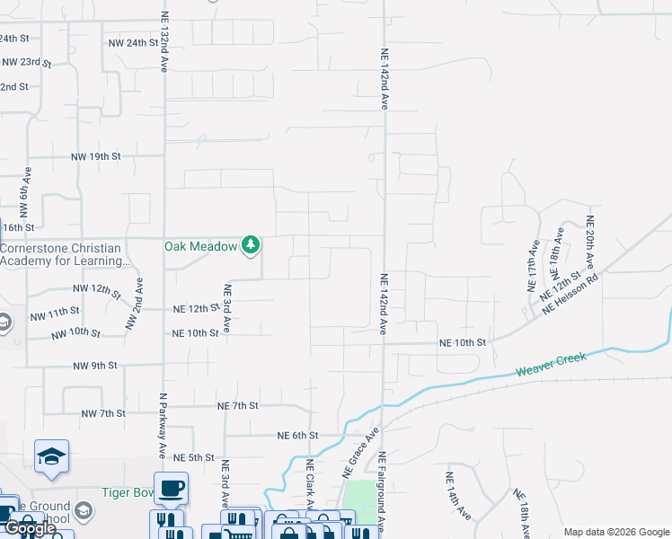 map of restaurants, bars, coffee shops, grocery stores, and more near 1365 Northeast 8th Avenue in Battle Ground
