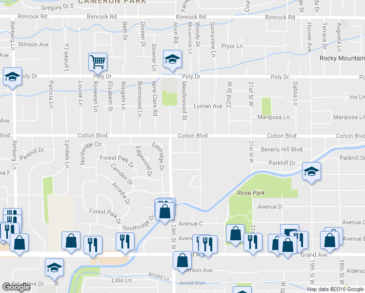 map of restaurants, bars, coffee shops, grocery stores, and more near 2028 Meadowood Street in Billings