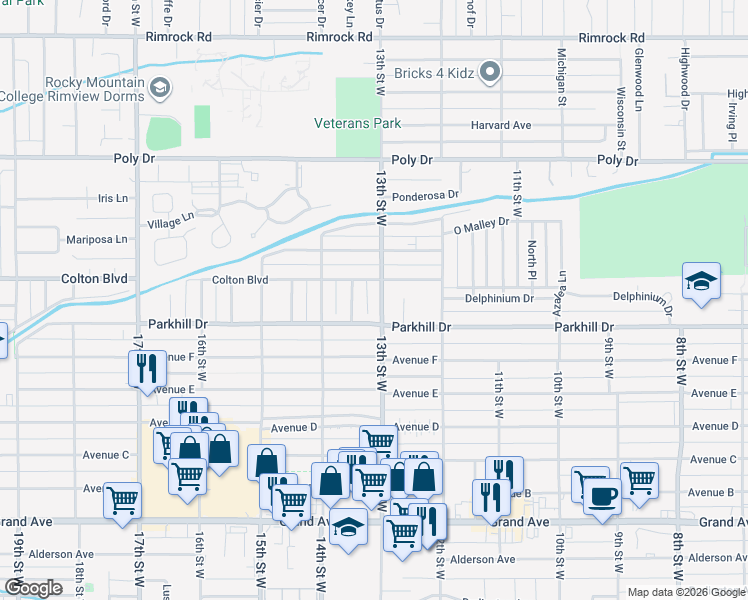 map of restaurants, bars, coffee shops, grocery stores, and more near 2020 13th Street West in Billings