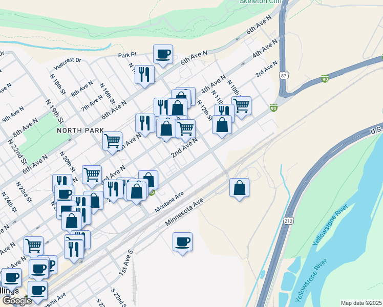 map of restaurants, bars, coffee shops, grocery stores, and more near 1403 1st Avenue North in Billings