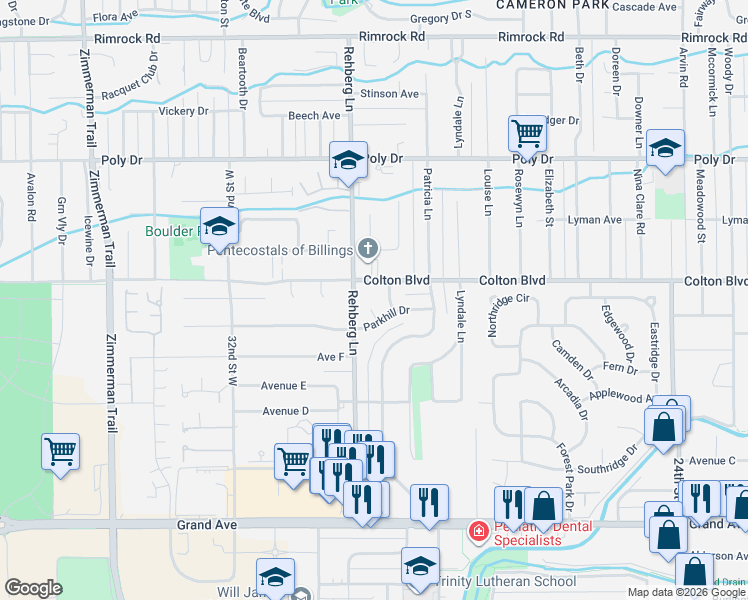 map of restaurants, bars, coffee shops, grocery stores, and more near 2001 Ronda Circle in Billings