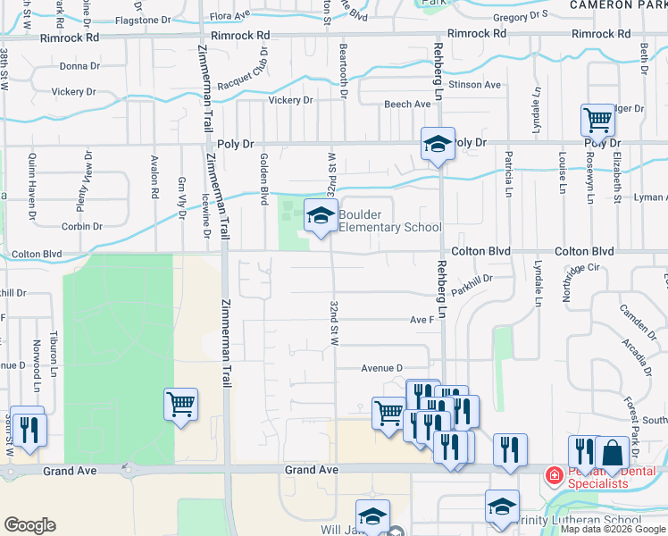 map of restaurants, bars, coffee shops, grocery stores, and more near 2077 32nd Street West in Billings