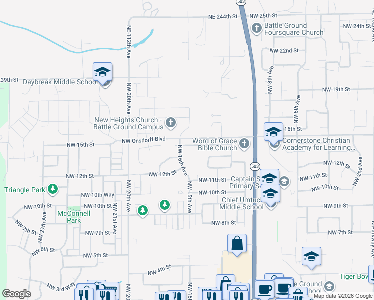 map of restaurants, bars, coffee shops, grocery stores, and more near 1300 Northwest 15th Court in Battle Ground