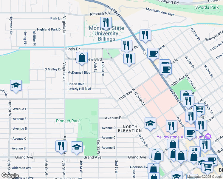 map of restaurants, bars, coffee shops, grocery stores, and more near 1135 North 32nd Street in Billings