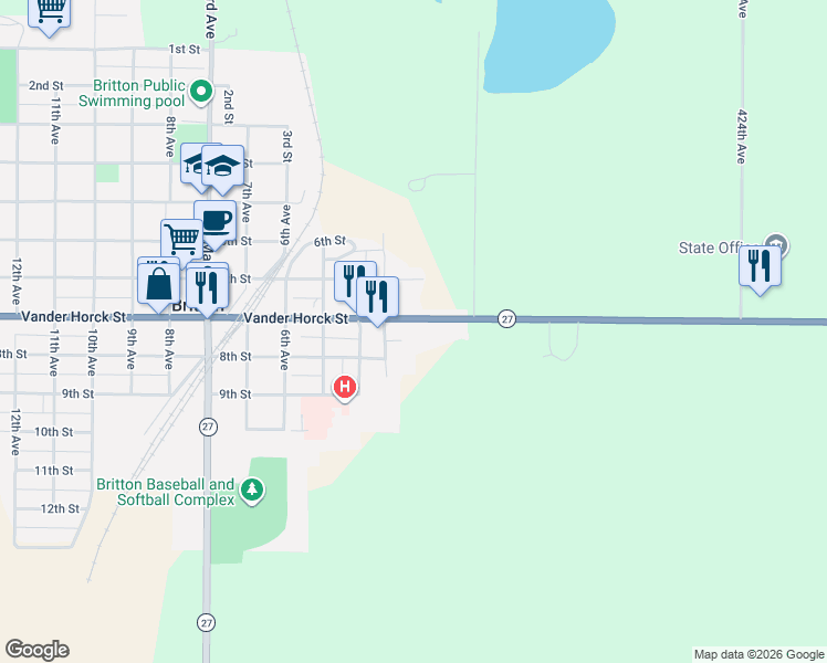 map of restaurants, bars, coffee shops, grocery stores, and more near 3rd Avenue in Britton