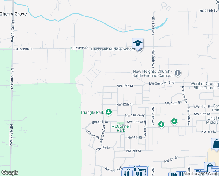 map of restaurants, bars, coffee shops, grocery stores, and more near 2605 Northwest 15th Street in Battle Ground