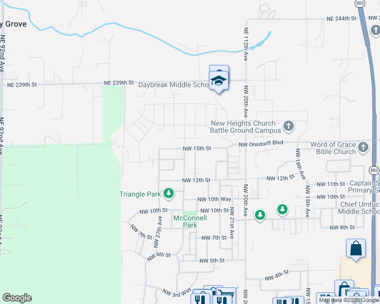 map of restaurants, bars, coffee shops, grocery stores, and more near 2407 Northwest 15th Street in Battle Ground