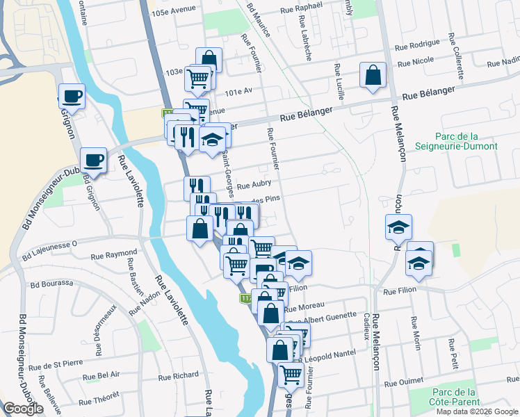 map of restaurants, bars, coffee shops, grocery stores, and more near Terrasse Cyr in Saint-Jérôme